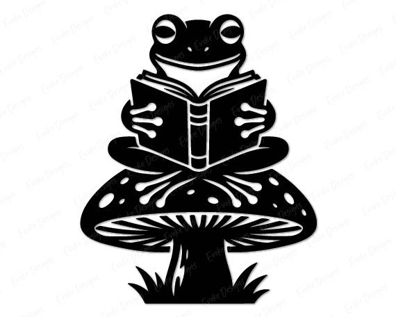 Black silhouette image of a Reading Frog sitting cross-legged on top of a large spotted mushroom. The frog is holding an open book, deeply focused on reading. Underneath the mushroom cap, detailed gills are visible, and grass grows at the base of the stem. This Frog on Mushroom Reading a Book design creates a cozy Book Lover Woodland Scene. This minimalist outline vector is perfect as a clean cut file, transparent PNG, or scalable SVG for digital designs.