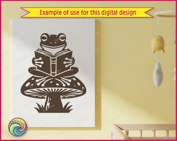 Black silhouette image of a Reading Frog sitting cross-legged on top of a large spotted mushroom. The frog is holding an open book, deeply focused on reading. Underneath the mushroom cap, detailed gills are visible, and grass grows at the base of the stem. This Frog on Mushroom Reading a Book design creates a cozy Book Lover Woodland Scene. This minimalist outline vector is perfect as a clean cut file, transparent PNG, or scalable SVG for digital designs.