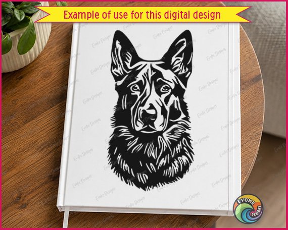 Black silhouette image of a german shepherd dog face shown in a clean outline style. This alsatian dog design has alert pointed ears, a strong snout, and a focused expression typical of the breed. The pet dog portrait is a minimalist vector cut file, shown as a transparent png, ideal for digital clipart use and svg cutting projects.