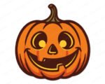 Layered colour image of a jack o lantern with a happy, friendly face. The classic halloween pumpkin is bright orange with a dark brown outline, a small green stem on top, and glowing yellow eyes. This spooky carved pumpkin features a wide grin that looks joyful rather than scary. The clean, layered digital clipart vector shows smooth lines and warm autumn colours.