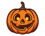 Layered colour image of a jack o lantern with a happy, friendly face. The classic halloween pumpkin is bright orange with a dark brown outline, a small green stem on top, and glowing yellow eyes. This spooky carved pumpkin features a wide grin that looks joyful rather than scary. The clean, layered digital clipart vector shows smooth lines and warm autumn colours.