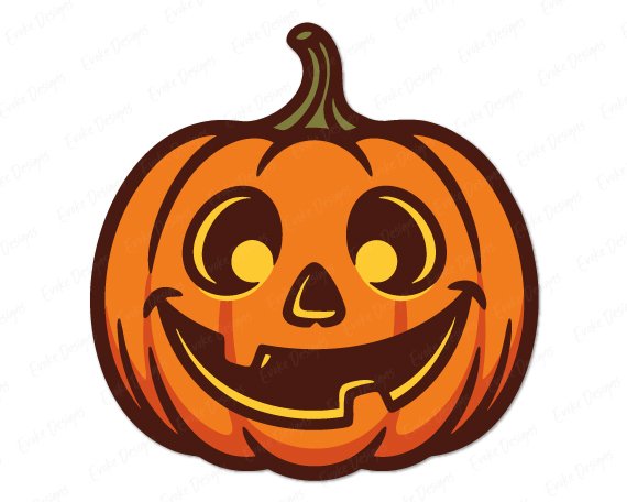 Layered colour image of a jack o lantern with a happy, friendly face. The classic halloween pumpkin is bright orange with a dark brown outline, a small green stem on top, and glowing yellow eyes. This spooky carved pumpkin features a wide grin that looks joyful rather than scary. The clean, layered digital clipart vector shows smooth lines and warm autumn colours.