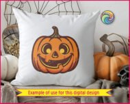 Layered colour image of a jack o lantern with a happy, friendly face. The classic halloween pumpkin is bright orange with a dark brown outline, a small green stem on top, and glowing yellow eyes. This spooky carved pumpkin features a wide grin that looks joyful rather than scary. The clean, layered digital clipart vector shows smooth lines and warm autumn colours.