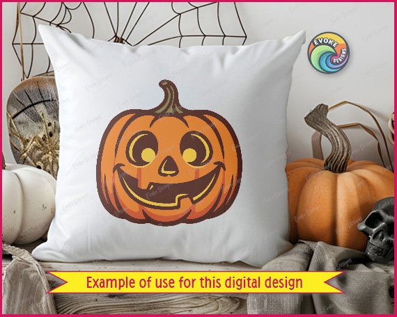 Layered colour image of a jack o lantern with a happy, friendly face. The classic halloween pumpkin is bright orange with a dark brown outline, a small green stem on top, and glowing yellow eyes. This spooky carved pumpkin features a wide grin that looks joyful rather than scary. The clean, layered digital clipart vector shows smooth lines and warm autumn colours.