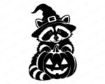 Black silhouette image of a halloween raccoon wearing a tall, crooked witch hat with a square buckle on a transparent background. The raccoon has friendly eyes and its paws are resting on top of a carved jack-o-lantern pumpkin with a happy, toothy grin. This raccoon in witch hat with pumpkin graphic has clean, dark outlines, perfect for making spooky halloween decor. The animal has striped tail details visible at the bottom.