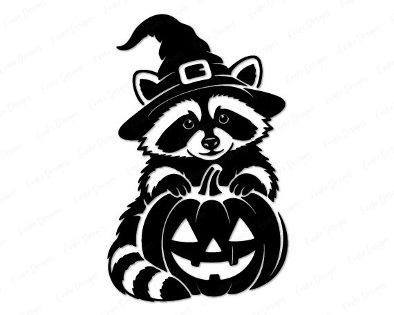 Black silhouette image of a halloween raccoon wearing a tall, crooked witch hat with a square buckle on a transparent background. The raccoon has friendly eyes and its paws are resting on top of a carved jack-o-lantern pumpkin with a happy, toothy grin. This raccoon in witch hat with pumpkin graphic has clean, dark outlines, perfect for making spooky halloween decor. The animal has striped tail details visible at the bottom.
