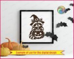 Black silhouette image of a halloween raccoon wearing a tall, crooked witch hat with a square buckle on a transparent background. The raccoon has friendly eyes and its paws are resting on top of a carved jack-o-lantern pumpkin with a happy, toothy grin. This raccoon in witch hat with pumpkin graphic has clean, dark outlines, perfect for making spooky halloween decor. The animal has striped tail details visible at the bottom.