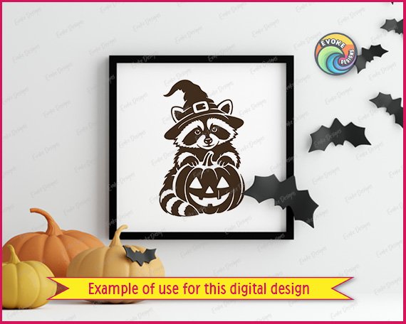 Black silhouette image of a halloween raccoon wearing a tall, crooked witch hat with a square buckle on a transparent background. The raccoon has friendly eyes and its paws are resting on top of a carved jack-o-lantern pumpkin with a happy, toothy grin. This raccoon in witch hat with pumpkin graphic has clean, dark outlines, perfect for making spooky halloween decor. The animal has striped tail details visible at the bottom.