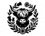 Black silhouette image of a highland cow with flowers surrounding its face in a full wreath of thistles and daisies. The scottish shaggy calf has long shaggy fur, curved horns, and a gentle expression, framed by detailed leaves and blooming flowers. This rustic farmhouse animal design is shown as a minimalist outline, ideal as an svg, png, or vector cut file with a transparent background for digital clipart use.