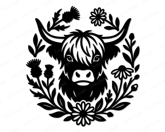 Highland Cow Black silhouette image of a highland cow with flowers surrounding its face in a full wreath of thistles and daisies. The scottish shaggy calf has long shaggy fur, curved horns, and a gentle expression, framed by detailed leaves and blooming flowers. This rustic farmhouse animal design is shown as a minimalist outline, ideal as an svg, png, or vector cut file with a transparent background for digital clipart use.