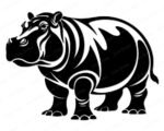 Black silhouette image of a standing hippo shown from the side. The design has stylized white cutout lines that highlight the shape of the head, back, legs, and body of this zoo hippopotamus. It is a clean vector graphic on a transparent background, suitable as a cut file or digital clipart, perfect for creating decor for an african safari animal nursery. The animal is standing on all four feet with its head facing left.
