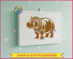 Black silhouette image of a standing hippo shown from the side. The design has stylized white cutout lines that highlight the shape of the head, back, legs, and body of this zoo hippopotamus. It is a clean vector graphic on a transparent background, suitable as a cut file or digital clipart, perfect for creating decor for an african safari animal nursery. The animal is standing on all four feet with its head facing left.