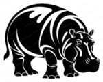 Black silhouette image of a standing hippo, shown from a three-quarter angle. This African hippopotamus graphic uses negative space to show highlights on its thick skin, rounded back, and ears. The strong zoo animal figure has realistic details on its legs, face, and small tail. It is a clean vector stencil with sharp lines on a white background, perfect as an svg cut file or digital png clipart.