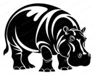 Black silhouette image of a standing hippo, shown from a three-quarter angle. This African hippopotamus graphic uses negative space to show highlights on its thick skin, rounded back, and ears. The strong zoo animal figure has realistic details on its legs, face, and small tail. It is a clean vector stencil with sharp lines on a white background, perfect as an svg cut file or digital png clipart.