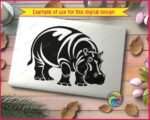 Black silhouette image of a standing hippo, shown from a three-quarter angle. This African hippopotamus graphic uses negative space to show highlights on its thick skin, rounded back, and ears. The strong zoo animal figure has realistic details on its legs, face, and small tail. It is a clean vector stencil with sharp lines on a white background, perfect as an svg cut file or digital png clipart.