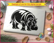 Black silhouette image of a standing hippo, shown from a three-quarter angle. This African hippopotamus graphic uses negative space to show highlights on its thick skin, rounded back, and ears. The strong zoo animal figure has realistic details on its legs, face, and small tail. It is a clean vector stencil with sharp lines on a white background, perfect as an svg cut file or digital png clipart.