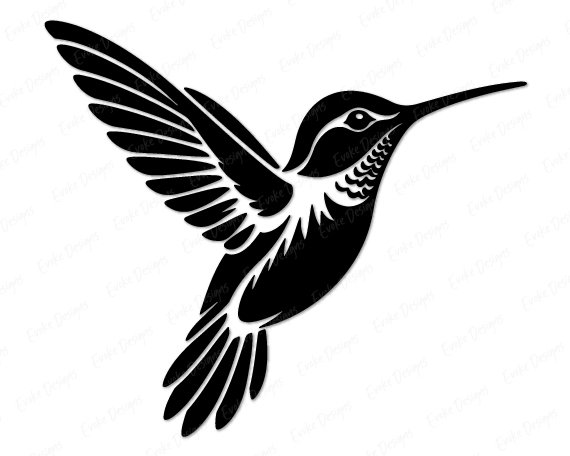Black silhouette image of a flying hummingbird in mid-air with its wings spread wide, showing detailed feathers. This spring garden bird is shown from a side profile with its long, slender beak pointing forward. This clean vector design works as a high-quality SVG, PNG, and digital cut file. The minimalist outline has smooth edges, making this hummingbird clipart easy to use on a transparent background.