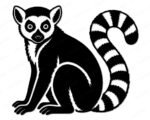 Black silhouette image of a lemur sitting upright with large round eyes, a rounded nose, and fuzzy fur texture along its body and ears. This wild jungle zoo animal design features a long curled tail marked with bold alternating stripes, capturing the classic look of a Madagascar ring-tailed lemur. The image is a clean vector cut file, ideal as svg or png clipart with a transparent background, minimalist outline style, and smooth digital lines.