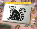 Black silhouette image of a lemur sitting upright with large round eyes, a rounded nose, and fuzzy fur texture along its body and ears. This wild jungle zoo animal design features a long curled tail marked with bold alternating stripes, capturing the classic look of a Madagascar ring-tailed lemur. The image is a clean vector cut file, ideal as svg or png clipart with a transparent background, minimalist outline style, and smooth digital lines.
