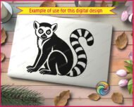 Black silhouette image of a lemur sitting upright with large round eyes, a rounded nose, and fuzzy fur texture along its body and ears. This wild jungle zoo animal design features a long curled tail marked with bold alternating stripes, capturing the classic look of a Madagascar ring-tailed lemur. The image is a clean vector cut file, ideal as svg or png clipart with a transparent background, minimalist outline style, and smooth digital lines.