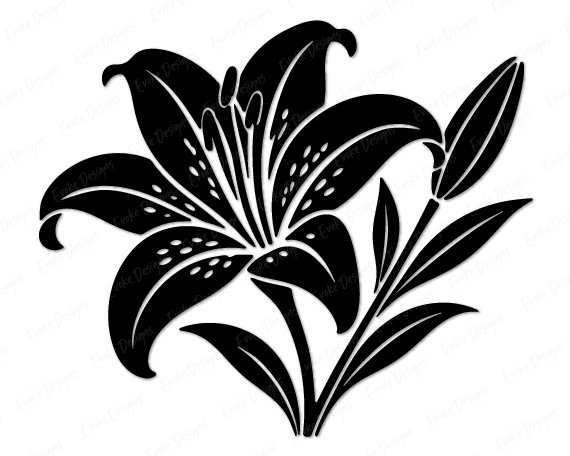 Black silhouette image of a Lily flower design featuring large layered petals with dotted texture detail, delicate curved stamens, a closed bud, and long slender leaves. This Minimalist Flower graphic shows an Oriental Lily in full bloom rendered as a clean vector outline on a transparent background, ideal as a digital clipart or svg cut file for craft and design projects.