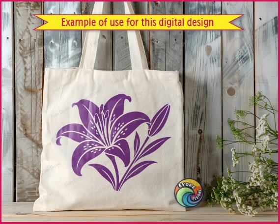 Black silhouette image of a Lily flower design featuring large layered petals with dotted texture detail, delicate curved stamens, a closed bud, and long slender leaves. This Minimalist Flower graphic shows an Oriental Lily in full bloom rendered as a clean vector outline on a transparent background, ideal as a digital clipart or svg cut file for craft and design projects.