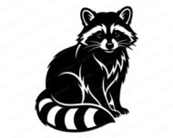Black silhouette image of a sitting raccoon. This detailed vector design features the classic masked bandit face with dark patches around the eyes, small ears, and whiskers. The body is shown sitting down, showcasing a fluffy coat with clean lines. A thick tail with alternating stripes curls around the feet. This transparent PNG and scalable SVG file has a solid black outline of a wild trash panda.