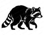 Black silhouette image of a walking raccoon in side profile. This detailed woodland critter animal vector is captured mid-stride, showcasing its distinct pointed snout, masked face, and alert ears. The body shows textured fur outlines along the back and neck, leading to a thick tail with prominent horizontal stripes. This clean digital cut file is presented on a transparent background in svg and png formats, perfect as a minimalist trash panda clipart design.