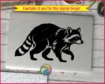 Black silhouette image of a walking raccoon in side profile. This detailed woodland critter animal vector is captured mid-stride, showcasing its distinct pointed snout, masked face, and alert ears. The body shows textured fur outlines along the back and neck, leading to a thick tail with prominent horizontal stripes. This clean digital cut file is presented on a transparent background in svg and png formats, perfect as a minimalist trash panda clipart design.