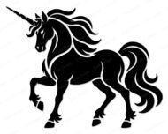 Black silhouette image of a unicorn standing proudly with one front leg bent and raised. This magical fantasy creature features a long, spiraled horn pointing upward, a thick flowing mane, and a wavy, detailed tail. The body of this fairy tale horse is solid black with clean cutout lines defining the muscles, eyes, and hair. It is a clean vector file on a plain transparent background.