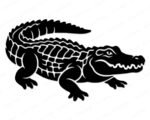 Black silhouette image of a detailed alligator crawling forward. This reptile design shows the full body of a crocodile with textured scales, a long tail, sharp ridges on its back, and a powerful jaw with visible teeth. It is a clean minimalist outline vector file with a transparent background. This swamp reptile gator graphic is a high resolution digital clipart png and svg.