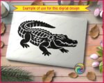 Black silhouette image of a detailed alligator crawling forward. This reptile design shows the full body of a crocodile with textured scales, a long tail, sharp ridges on its back, and a powerful jaw with visible teeth. It is a clean minimalist outline vector file with a transparent background. This swamp reptile gator graphic is a high resolution digital clipart png and svg.