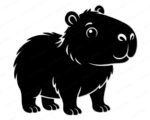 Black silhouette image of a capybara standing and facing right. This cute graphic shows a minimalist baby capybara with a friendly smile, a round body, small ears, and happy eyes. The clean outline highlights the simple and soft shape of the rodent. It is a kawaii capybara design with a solid black fill and transparent cutouts for details, perfect as a clean digital file.