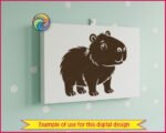 Black silhouette image of a capybara standing and facing right. This cute graphic shows a minimalist baby capybara with a friendly smile, a round body, small ears, and happy eyes. The clean outline highlights the simple and soft shape of the rodent. It is a kawaii capybara design with a solid black fill and transparent cutouts for details, perfect as a clean digital file.
