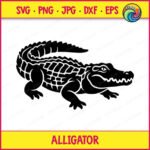 Black silhouette image of a detailed alligator crawling forward. This reptile design shows the full body of a crocodile with textured scales, a long tail, sharp ridges on its back, and a powerful jaw with visible teeth. It is a clean minimalist outline vector file with a transparent background. This swamp reptile gator graphic is a high resolution digital clipart png and svg.