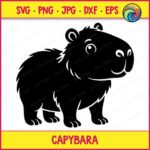 Black silhouette image of a capybara standing and facing right. This cute graphic shows a minimalist baby capybara with a friendly smile, a round body, small ears, and happy eyes. The clean outline highlights the simple and soft shape of the rodent. It is a kawaii capybara design with a solid black fill and transparent cutouts for details, perfect as a clean digital file.