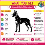 Black silhouette image of a great dane standing in a side profile view. This giant dog breed has a powerful frame, cropped ears pointing upwards, and a sleek body shape. The design features clean cut lines showing muscle detail on a transparent background. This pet dog portrait vector works as an outline, svg, png, or digital cut file clipart for custom projects.