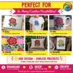 Layered colour image of a red rose in full bloom with curling petals, sitting above a green stem lined with small thorns and three pointed leaves on each side. This rose flower design uses deep red and dark green tones with white outline details separating each petal and leaf layer. The red rose with green stem and leaves is shown as a clean vector cut file, ideal as svg or png clipart, with a minimalist layered style and transparent background.