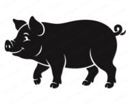 Black silhouette image of a happy walking pig shown from the side profile. This minimalist pig graphic features a friendly smiling face, a snout, a curly tail, and defined legs stepping forward. The clean cartoon farm animal illustration is presented as a solid black shape on a transparent background, perfect as an SVG vector or PNG cut file for digital crafting.
