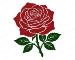 Layered colour image of a red rose in full bloom with curling petals, sitting above a green stem lined with small thorns and three pointed leaves on each side. This rose flower design uses deep red and dark green tones with white outline details separating each petal and leaf layer. The red rose with green stem and leaves is shown as a clean vector cut file, ideal as svg or png clipart, with a minimalist layered style and transparent background.