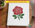 Layered colour image of a red rose in full bloom with curling petals, sitting above a green stem lined with small thorns and three pointed leaves on each side. This rose flower design uses deep red and dark green tones with white outline details separating each petal and leaf layer. The red rose with green stem and leaves is shown as a clean vector cut file, ideal as svg or png clipart, with a minimalist layered style and transparent background.