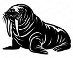 Black silhouette image of a walrus resting on its flippers. This sea animal features prominent details, including a thick body with stylized rolls of skin, long whiskers around the muzzle, and a pair of long, downward-pointing tusks. The walrus with tusks is rendered in a solid black graphic on a transparent background with clean negative space lines highlighting the eyes, snout, and folds of its skin.