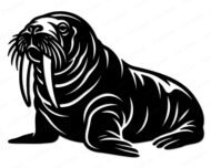 Black silhouette image of a walrus resting on its flippers. This sea animal features prominent details, including a thick body with stylized rolls of skin, long whiskers around the muzzle, and a pair of long, downward-pointing tusks. The walrus with tusks is rendered in a solid black graphic on a transparent background with clean negative space lines highlighting the eyes, snout, and folds of its skin.