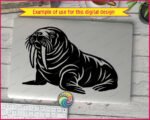 Black silhouette image of a walrus resting on its flippers. This sea animal features prominent details, including a thick body with stylized rolls of skin, long whiskers around the muzzle, and a pair of long, downward-pointing tusks. The walrus with tusks is rendered in a solid black graphic on a transparent background with clean negative space lines highlighting the eyes, snout, and folds of its skin.