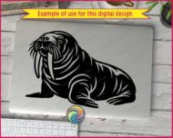 Black silhouette image of a walrus resting on its flippers. This sea animal features prominent details, including a thick body with stylized rolls of skin, long whiskers around the muzzle, and a pair of long, downward-pointing tusks. The walrus with tusks is rendered in a solid black graphic on a transparent background with clean negative space lines highlighting the eyes, snout, and folds of its skin.