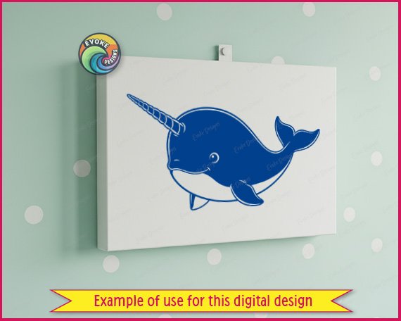 Black silhouette image of a baby narwhal svg showing a round sea unicorn with a long spiral tusk, soft curved fins, a gentle curled tail, and sleepy little eyes. This minimalist outline vector design has a transparent background and is perfect for a nursery ocean theme. The clean cut file style works well as digital clipart for printing, cutting, or design projects.