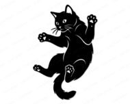 Black silhouette image of a scaredy cat caught mid-jump. This startled cat is shown from below, looking down with wide eyes and whiskers fanned out. It has four splayed paws, showing a cute kitty with toes beans out. The design is a clean vector outline with a solid black fill and transparent cutouts for the eyes, ears, and paws, creating a funny, expressive shape that works as a digital cut file.