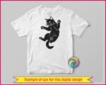 Black silhouette image of a scaredy cat caught mid-jump. This startled cat is shown from below, looking down with wide eyes and whiskers fanned out. It has four splayed paws, showing a cute kitty with toes beans out. The design is a clean vector outline with a solid black fill and transparent cutouts for the eyes, ears, and paws, creating a funny, expressive shape that works as a digital cut file.