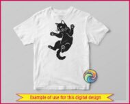Black silhouette image of a scaredy cat caught mid-jump. This startled cat is shown from below, looking down with wide eyes and whiskers fanned out. It has four splayed paws, showing a cute kitty with toes beans out. The design is a clean vector outline with a solid black fill and transparent cutouts for the eyes, ears, and paws, creating a funny, expressive shape that works as a digital cut file.