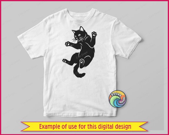 Black silhouette image of a scaredy cat caught mid-jump. This startled cat is shown from below, looking down with wide eyes and whiskers fanned out. It has four splayed paws, showing a cute kitty with toes beans out. The design is a clean vector outline with a solid black fill and transparent cutouts for the eyes, ears, and paws, creating a funny, expressive shape that works as a digital cut file.